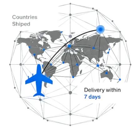Mappa della rete di consegna globale che mostra la copertura delle spedizioni in tutto il mondo