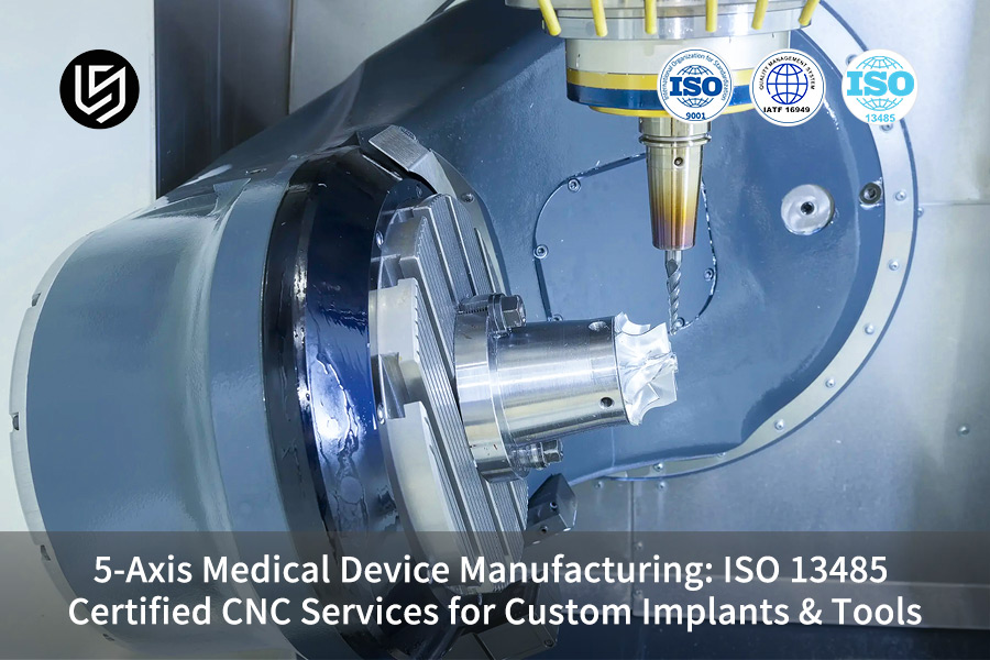 Lavorazione CNC a 5 assi di una parte metallica di alta precisione per la produzione di dispositivi medici, inclusi impianti personalizzati e strumenti chirurgici.