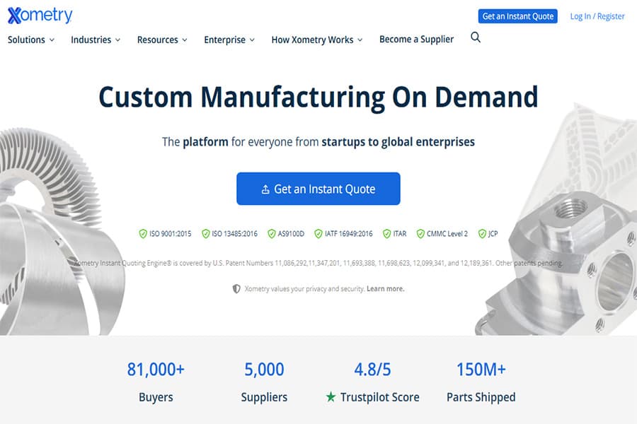 La home page di Xometry China evidenzia la sua piattaforma di produzione su richiesta e la catena di fornitura globale per la produzione di parti personalizzate.