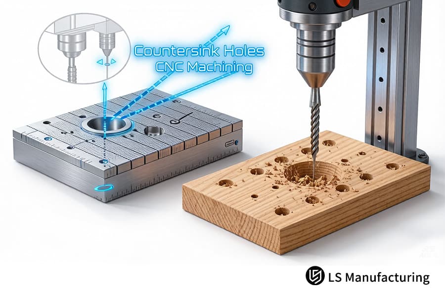 Une fraiseuse CNC réalise des trous fraisés dans le bois pour la fabrication de meubles sur mesure ou de panneaux décoratifs.