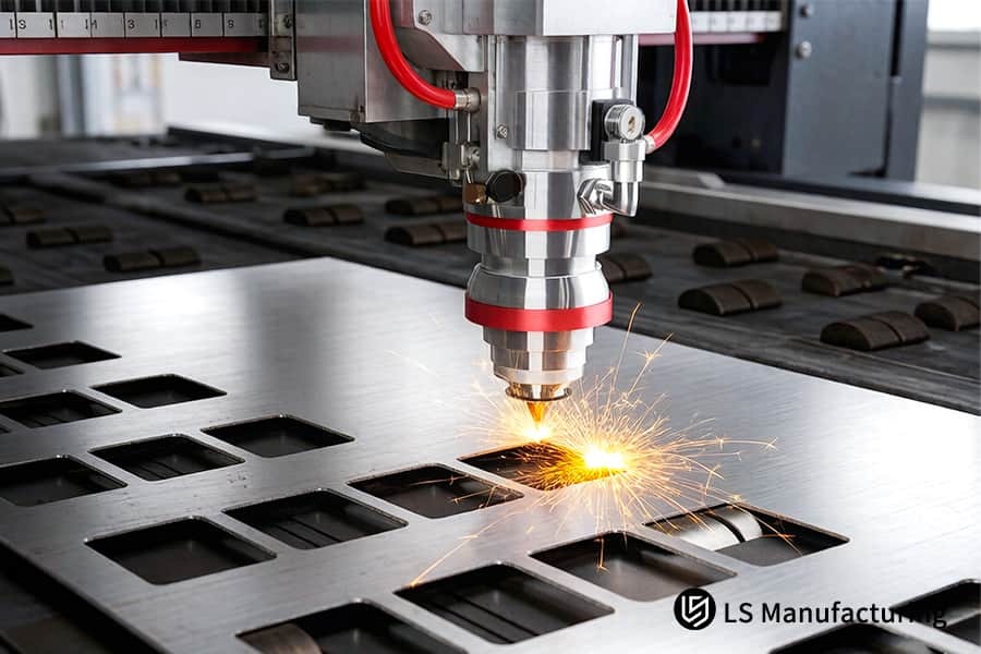 Taglio di lamiere di alluminio per parti automobilistiche o strutturali personalizzate con un sistema laser ad alta potenza.
