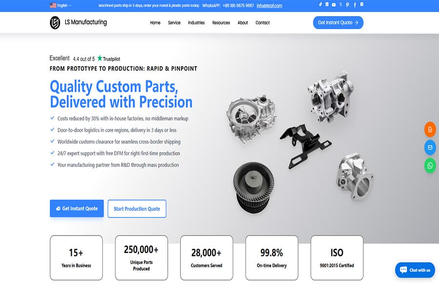 La home page del sito Web di LS Manufacturing offre servizi di produzione di parti personalizzate, preventivi e consegna rapida.