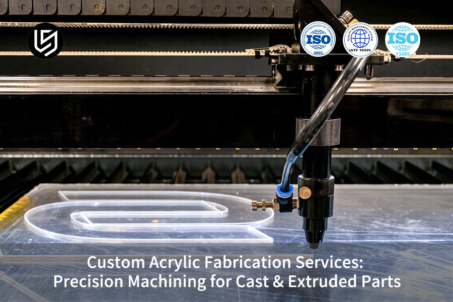 Una macchina CNC taglia con precisione l'acrilico fuso per componenti di dispositivi medici personalizzati con il servizio di lavorazione di precisione certificato ISO.