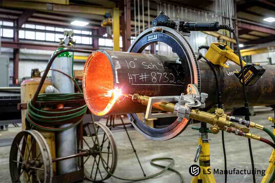 Un lavoratore utilizza uno strumento portatile per smussare l'estremità di un tubo in acciaio per la successiva saldatura nella fabbricazione industriale.