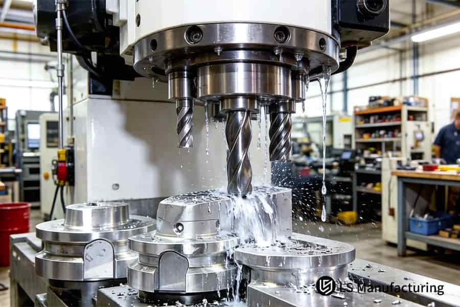 Una macchina CNC a cinque assi fresa supporti motore in alluminio 6061 con refrigerante per applicazioni di assemblaggio aerospaziale.