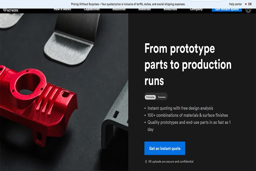 Questa immagine mostra la home page di Hubs che mostra il prototipo nelle fasi di produzione per la produzione personalizzata.