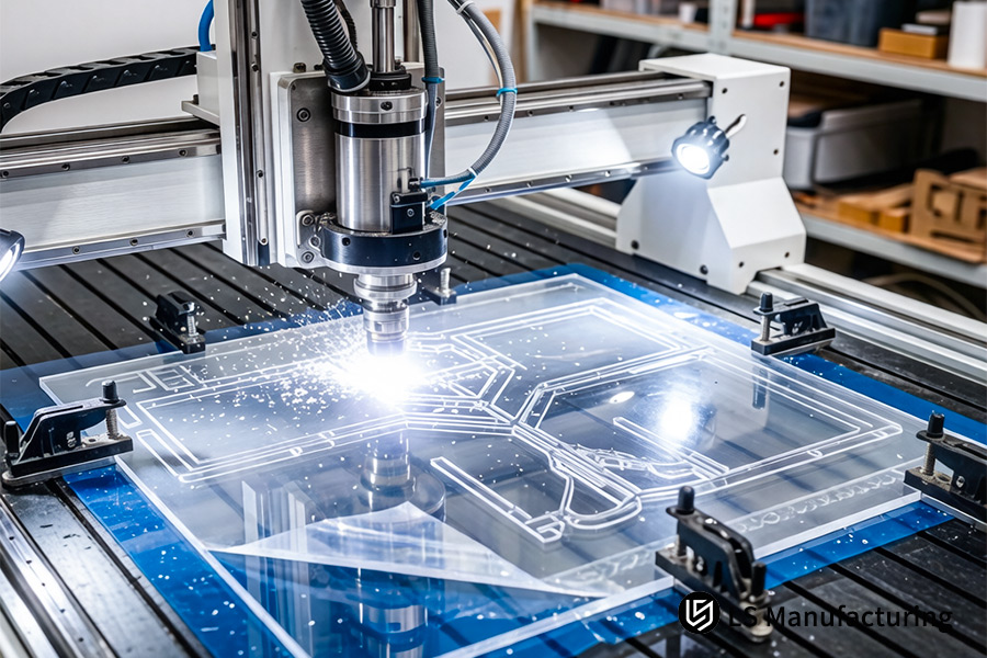 Il taglio laser genera scintille luminose durante il taglio di forme acriliche personalizzate per coperture di illuminazione.