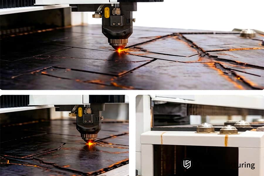Il sistema di taglio laser modella pannelli metallici rettangolari in acciaio inossidabile 316L per custodie di macchinari industriali.